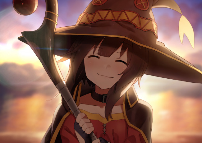 Обои картинки фото аниме, kono subarashii sekai ni shukufuku wo, megumin, dacchi, девочка, шляпа, посох