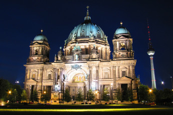 Картинка города берлин+ германия вечер храм огни башня