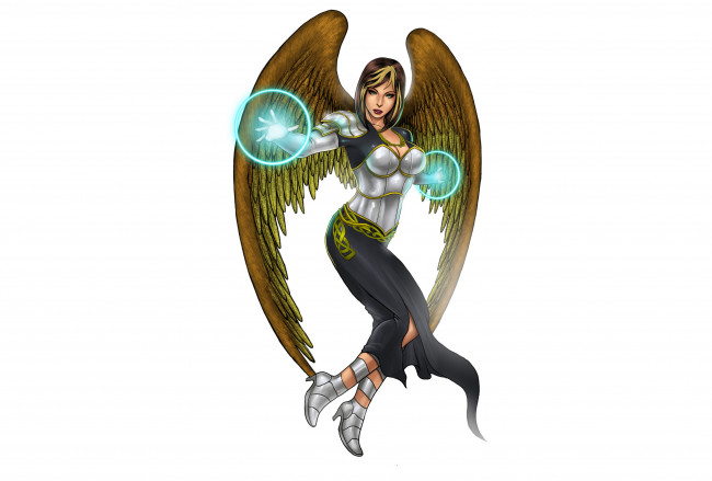 Обои картинки фото рисованное, комиксы, фон, взгляд, крылья, девушка