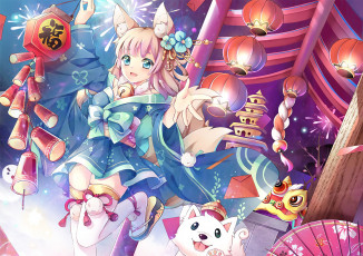 Картинка аниме животные +существа девушка