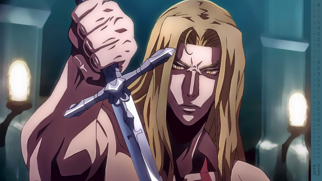 Обои картинки фото календари, аниме, вампир, взгляд, оружие