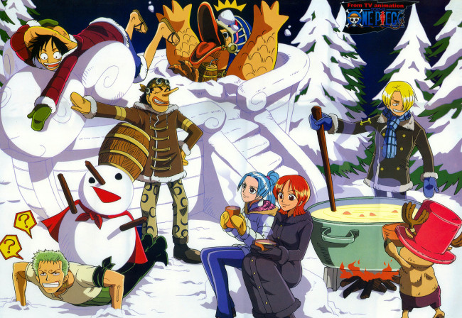 Обои картинки фото аниме, one piece, снеговик, зима, снег, котел