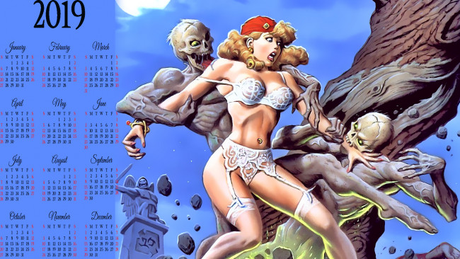 Обои картинки фото календари, фэнтези, девушка, пилотка, нападение, дерево, нежить
