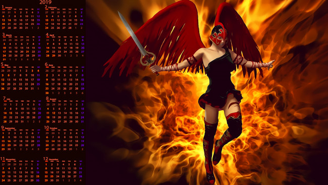Обои картинки фото календари, фэнтези, огонь, воительница, оружие, шлем, девушка, пламя