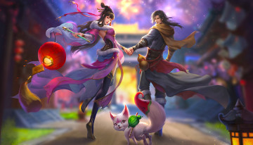 Картинка фэнтези люди девушка мужчина фон взгляд кот