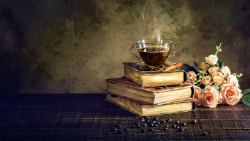 Картинка еда кофе +кофейные+зёрна чашка книги зерна розы