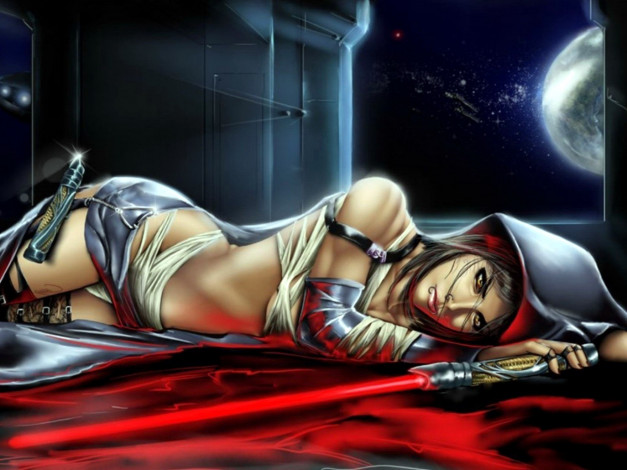 Обои картинки фото фэнтези, _star wars, девушка, капюшон, меч