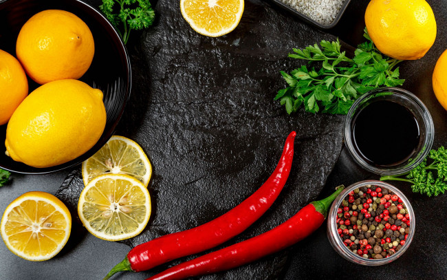 Обои картинки фото еда, фрукты и овощи вместе, лимоны, перец, петрушка