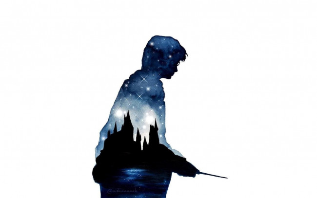Обои картинки фото рисованное, кино,  мультфильмы, гарри, поттер, палочка, силуэт, звезды, замок