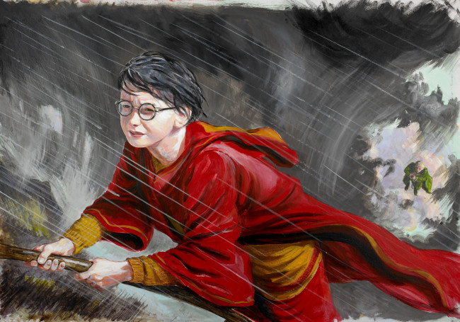 Обои картинки фото рисованное, кино,  мультфильмы, гарри, поттер, квиддич, дождь, метла