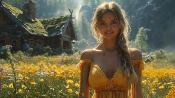 Картинка рисованное люди нейросети графика нейроарт ai art нейронные сети рисунки нейро искусство нейрографика graphics neuroart neural networks drawings neuro neurography девушка поле дом природа красота коса цветы желтый сарафан улыбка