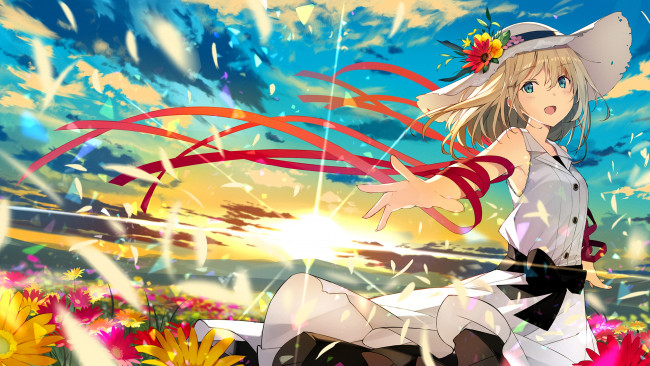 Обои картинки фото аниме, unknown,  другое , девушка, шляпа, ленты, цветы