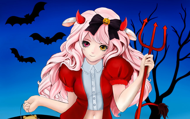 Обои картинки фото аниме, магия,  колдовство,  halloween, девушка, трезубец, летучие, мыши