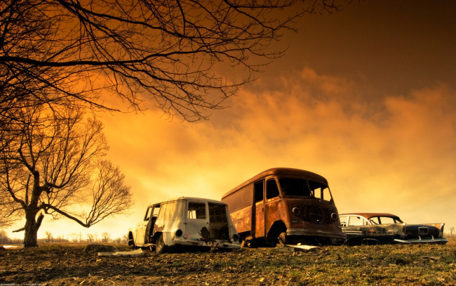 Обои картинки фото разное, развалины, руины, металлолом, поле, железный, хлам, деревья, небо