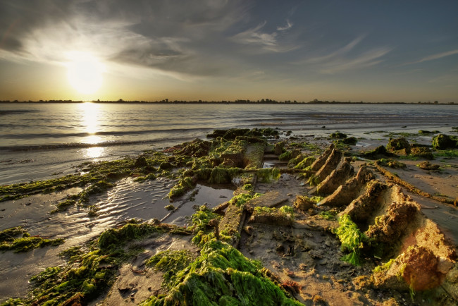 Обои картинки фото природа, восходы, закаты, закат, песок, море