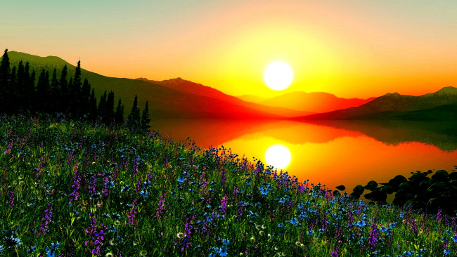 Обои картинки фото 3д, графика, nature, landscape, природа, горы, луг, озеро, цветы, лес, солнце