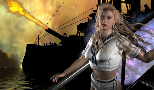 Обои картинки фото 3д, графика, people, люди, залп, корабль, девушка