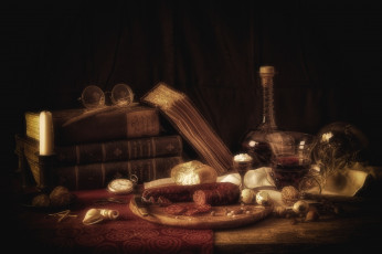 Картинка еда натюрморт колбаса книги