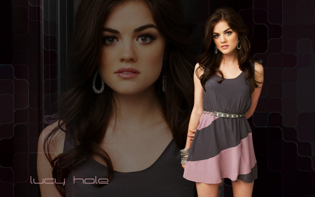 Обои картинки фото девушки, lucy hale, lucy, hale, серьги, взгляд, скромность, пояс, платье