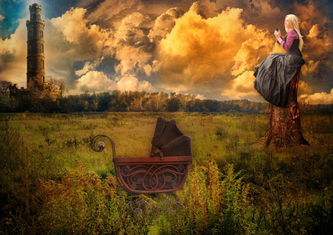 Обои картинки фото фэнтези, фотоарт, девушка, коляска