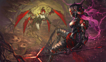 Картинка фэнтези существа фантастика арт демоница крылья оружие полет