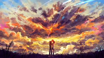 Картинка аниме kimi+no+na+wa небо tachibana taki двое школьники форма haraguroi you kimi no na wa арт парень miyamizu mitsuha закат облака поцелуй птицы девушка