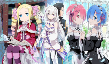 Картинка аниме re +zero+kara+hajimeru+isekai+seikatsu emilia ram библиотека девочка парень горничные puck сёстры книги rem beatrice дух subaru natsuki демоны