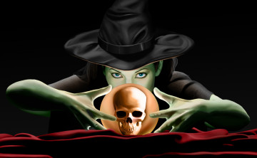 Картинка фэнтези маги +волшебники шляпа взгляд фон череп шар девушка