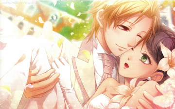 Картинка аниме clock+zero объятия жених и невеста подмигивание art akira kaga clock zero nadeshiko kurou visual novel nagaoka свадьба галстук