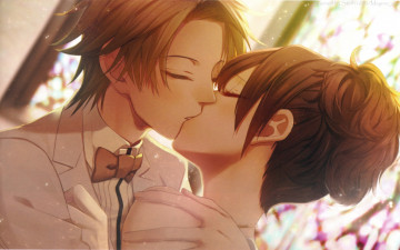 Картинка аниме clock+zero поцелуй жених и невеста галстук-бабочка art закрытые глаза journalist clock zero nadeshiko kurou nagaoka свадьба