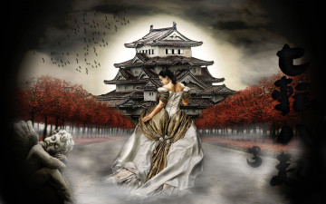 Картинка фэнтези девушки фон девушка дом платье