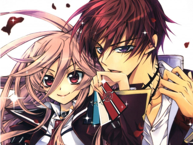 Обои картинки фото аниме, kiss of rose princess, стебли, с, шипами, воротник, карты, розовые, волосы, art, anise, yamamoto, большие, глаза, kiss, of, rose, princess, kaede, higa, aya, shouoto, руки, взгляд, двое