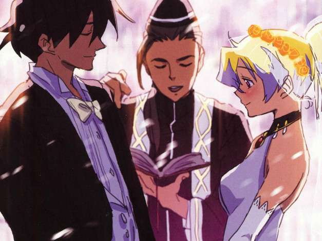 Обои картинки фото аниме, tengen toppa gurren-lagann, костюм, фата, жених, и, невеста, simon, галстук-бабочка, церемония, священник, принцесса, tengen, toppa, gurren-lagann, венок, свадьба