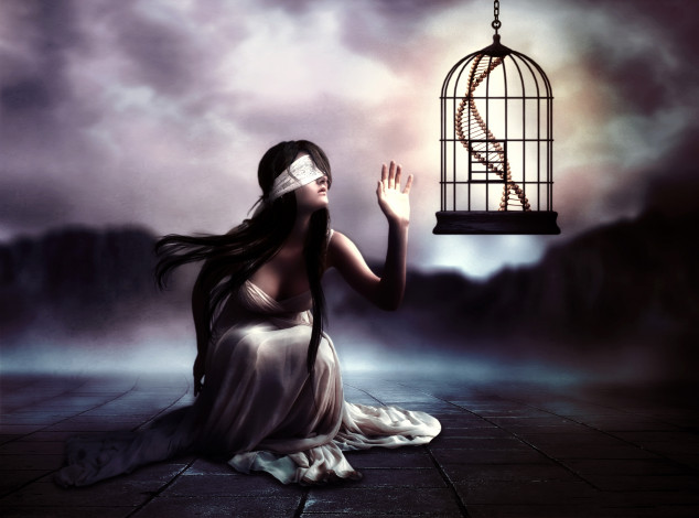 Обои картинки фото фэнтези, фотоарт, девушка, фон, повязка, клетка