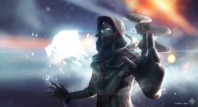 Обои картинки фото фэнтези, роботы,  киборги,  механизмы, капюшон, полосы, свет, осколки