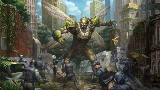 Обои картинки фото фэнтези, существа, монстр, чудище, противостояние, сражение, город, улицы