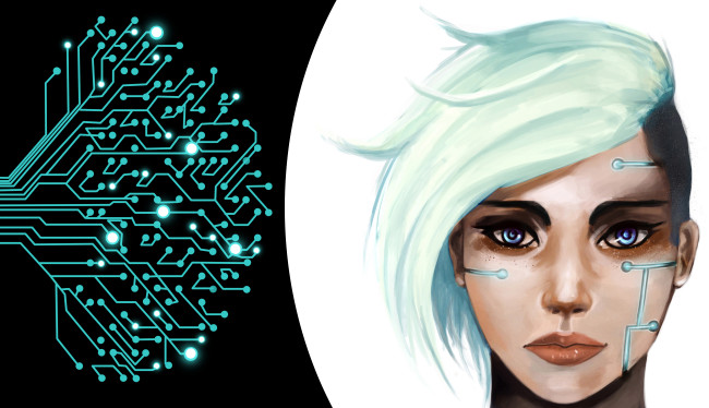 Обои картинки фото фэнтези, роботы,  киборги,  механизмы, взгляд, фон, девушка