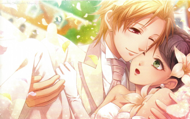 Обои картинки фото аниме, clock zero, объятия, жених, и, невеста, подмигивание, art, akira, kaga, clock, zero, nadeshiko, kurou, visual, novel, nagaoka, свадьба, галстук