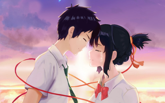 Обои картинки фото аниме, kimi no na wa, парень, девушка, фон, взгляд