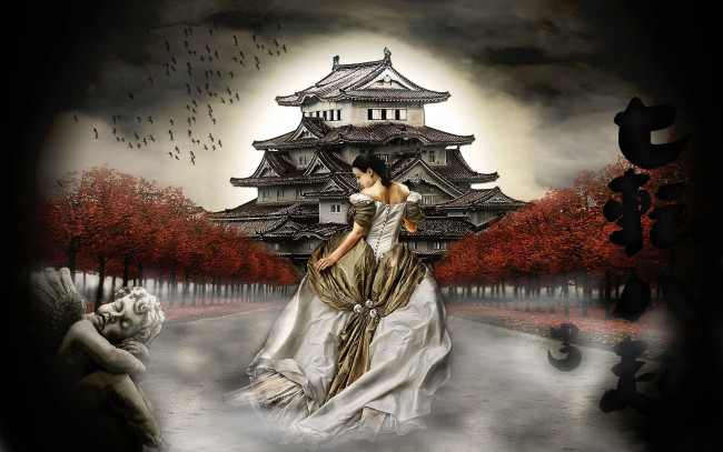 Обои картинки фото фэнтези, девушки, фон, девушка, дом, платье