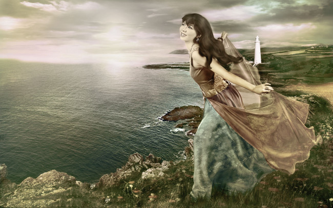 Обои картинки фото разное, компьютерный дизайн, девушка, море, улыбка, берег, фон