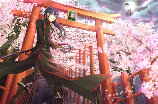 Обои картинки фото аниме,  gray-man, воин, экзорцист, kanda, меч, оружие, луна, сакура, граф, зонт