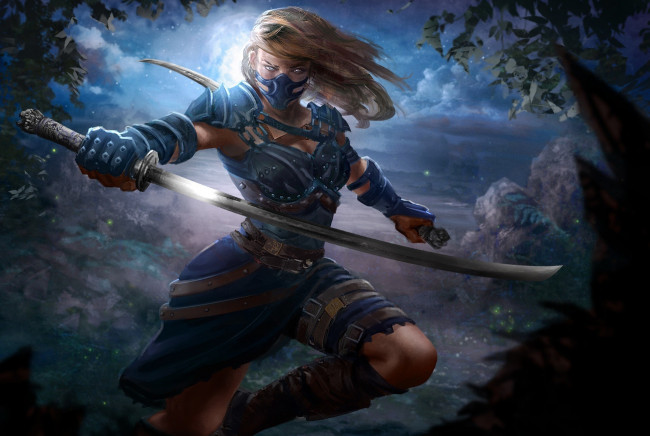 Обои картинки фото фэнтези, девушки, оружие, вечер, луна, прыжок, меч, девушка