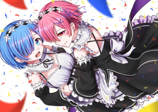 Обои картинки фото аниме, re,  zero kara hajimeru isekai seikatsu, ram, zero, kara, hajimeru, isekai, seikatsu, сёстры, art, девушки, конфети, anime, rem