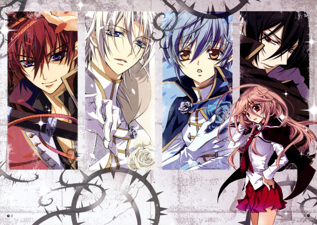 Обои картинки фото аниме, kiss of rose princess, mitsuru, tenjoh, anise, yamamoto, art, розовые, волосы, парни, mutsuki, kurama, kiss, of, rose, princess, kaede, higa, seiran, asagi, aya, shouoto, взгляд