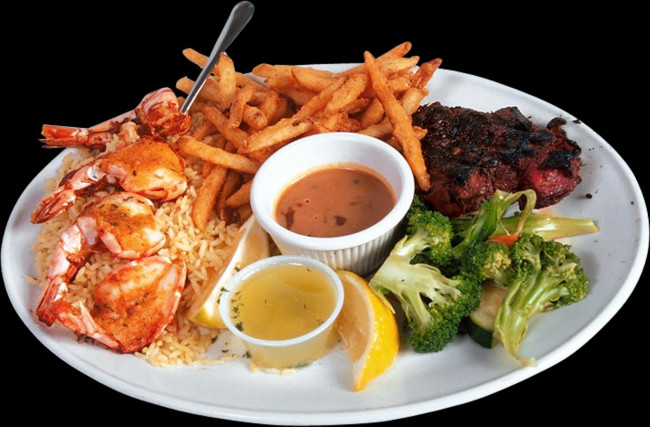 Обои картинки фото еда, разное, мясо, соус, лимон, креветки, рис