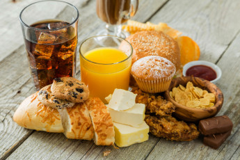 Картинка еда разное сок хлопья кекс сыр напиток