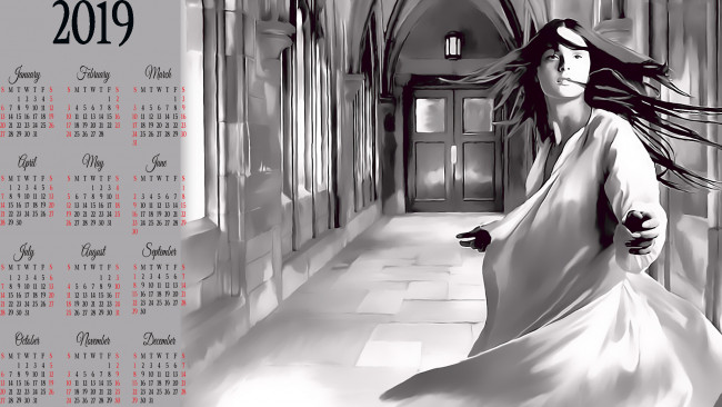 Обои картинки фото календари, фэнтези, дверь, девушка, помещение