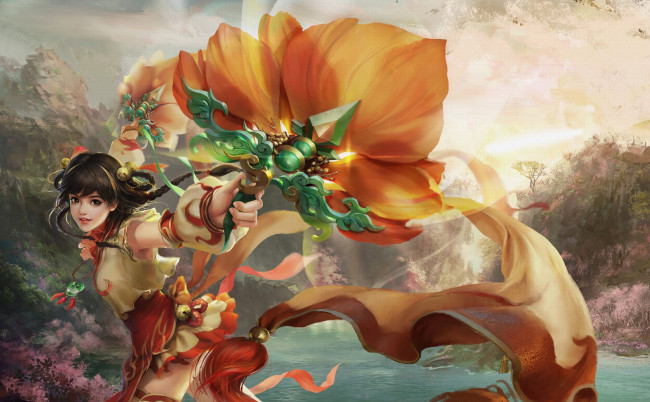 Обои картинки фото видео игры, ~~~другое~~~, девушка, оружие, озеро, скалы