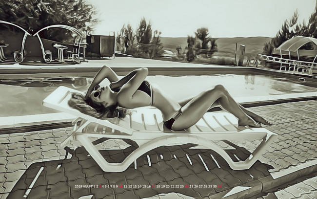 Обои картинки фото календари, компьютерный дизайн, очки, девушка, бассейн, шезлонг